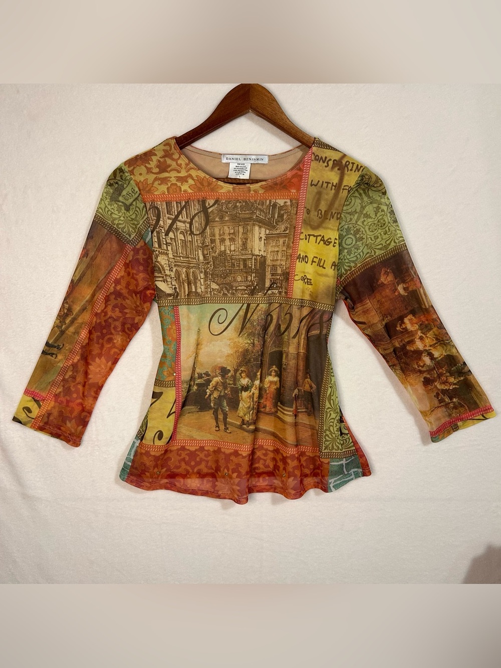 Vintage Daniel Benjamin Mesh Patchwork Renaissance Graphic Top